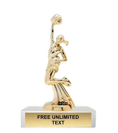Gold trophy cheerleading jumping figure on a white background with 'FREE UNLIMITED TEXT' on a gold plaque.