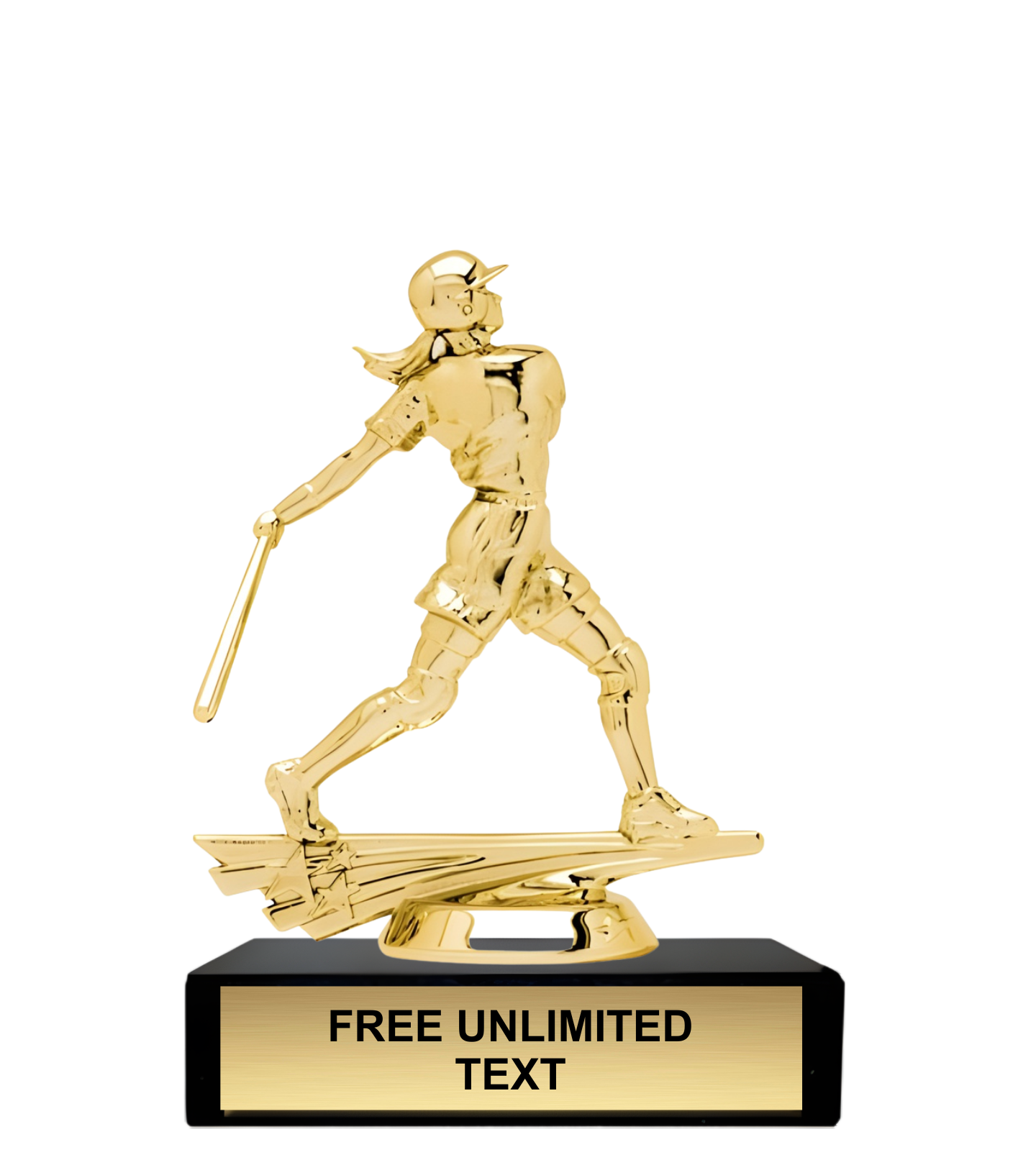 Gold trophy female softball batter figure on a black base with 'FREE UNLIMITED TEXT' text