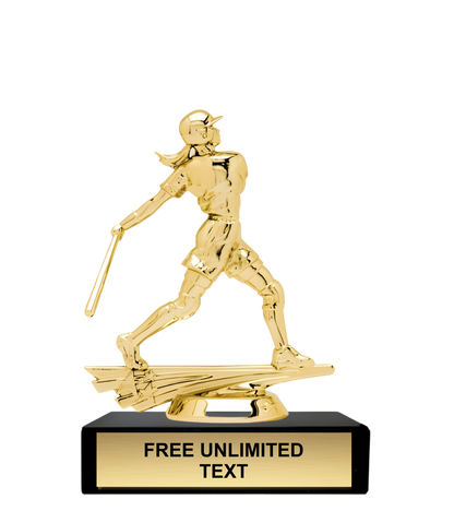 Gold trophy female softball batter figure on a black base with 'FREE UNLIMITED TEXT' text