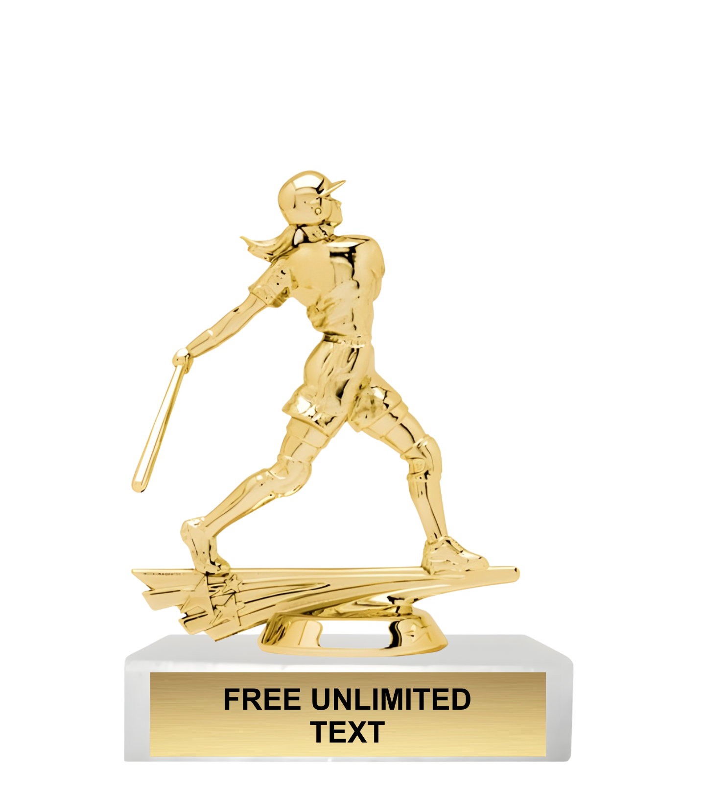 Gold trophy figure of a softball player batting on a white base