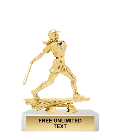 Gold trophy figure of a softball player batting on a white base
