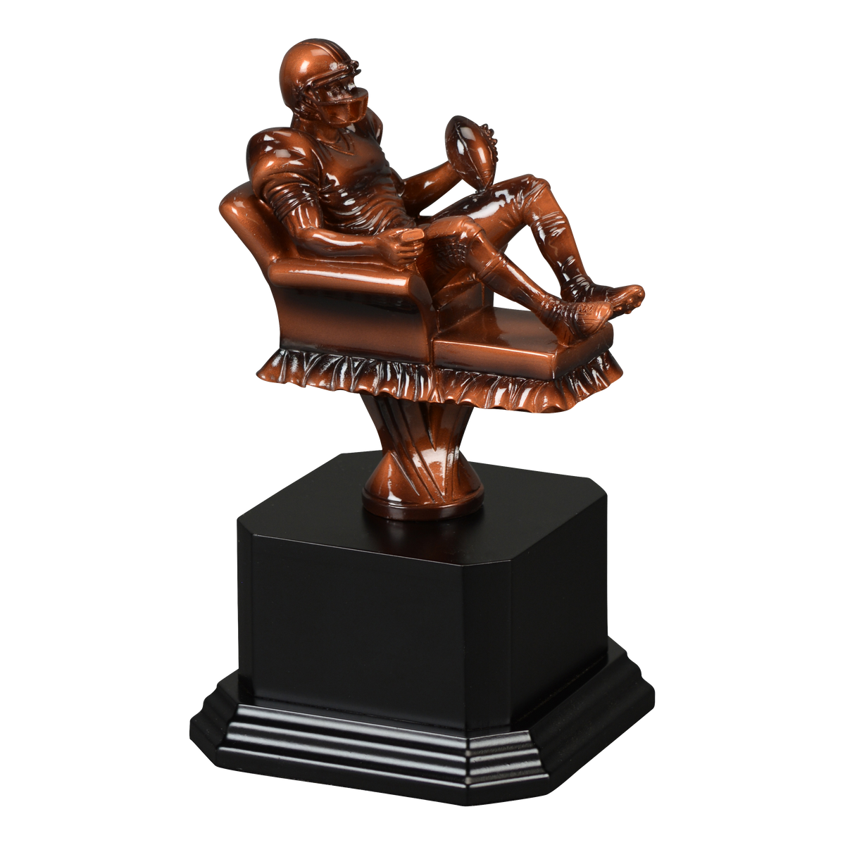 Sculpted fantasy football figure mounted on a black satin monument base, smaller 5 and an eighth inch figure