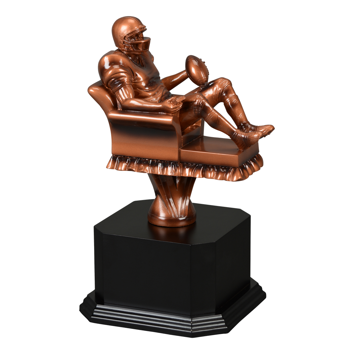 Sculpted fantasy football figure mounted on a black satin monument base, larger 8 and a half inch figure
