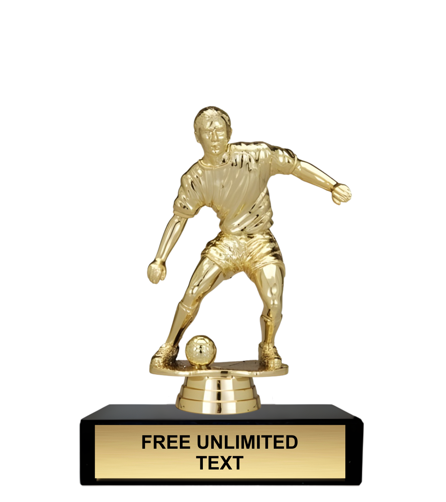 Gold trophy figure of a male soccer player on a black base with text space.