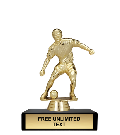 Gold trophy figure of a male soccer player on a black base with text space.