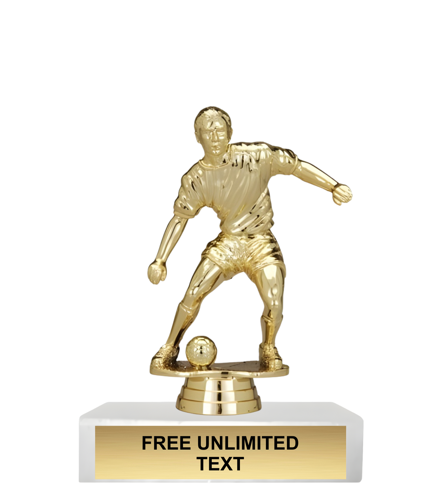 Gold trophy figure of a male soccer player on a white base with text space.