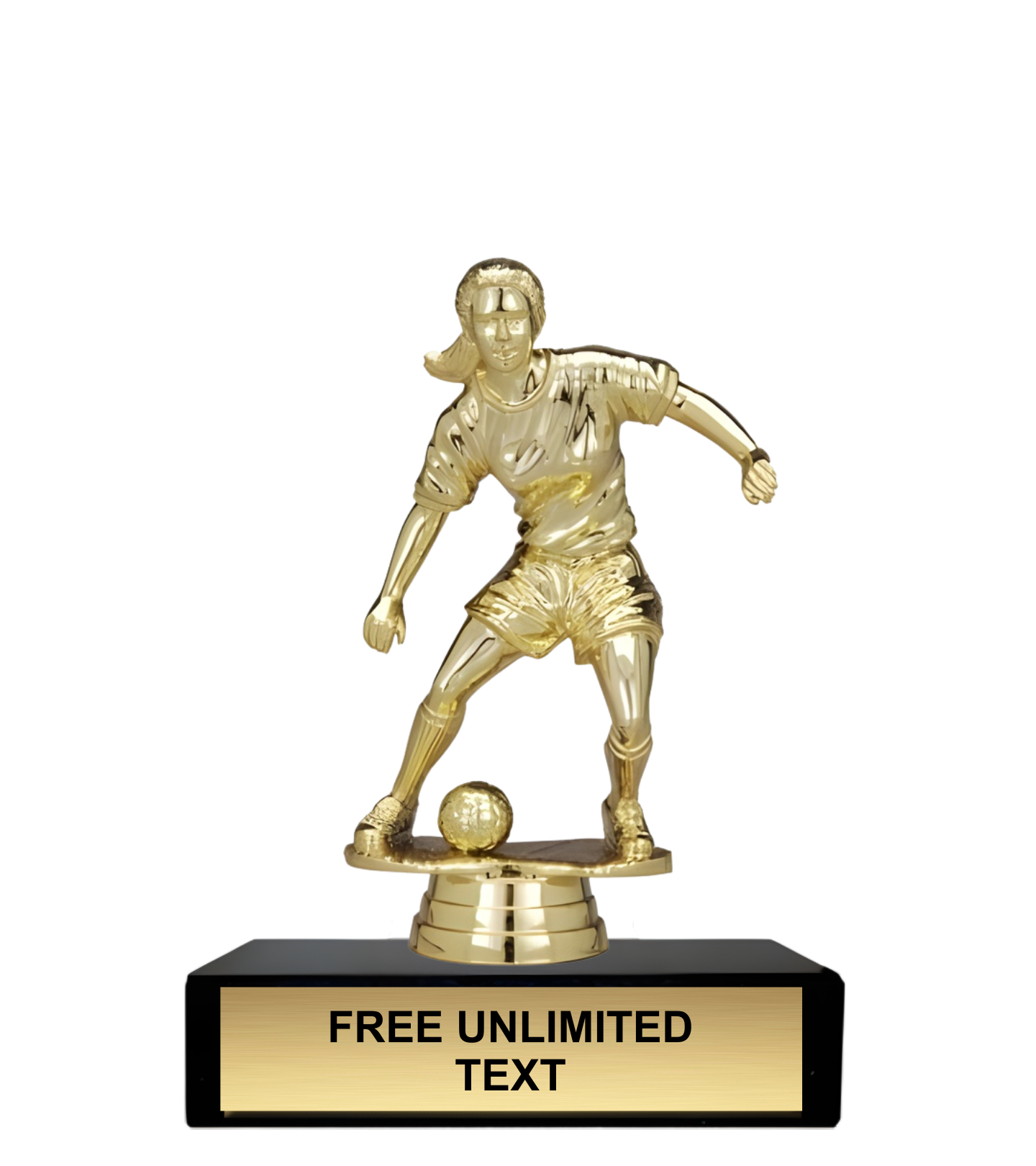 Gold female soccer player trophy with customizable text on a black base
