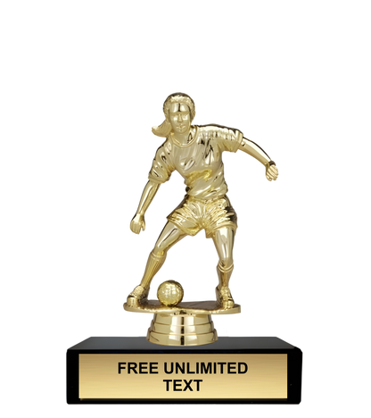 Gold female soccer player trophy with customizable text on a black base