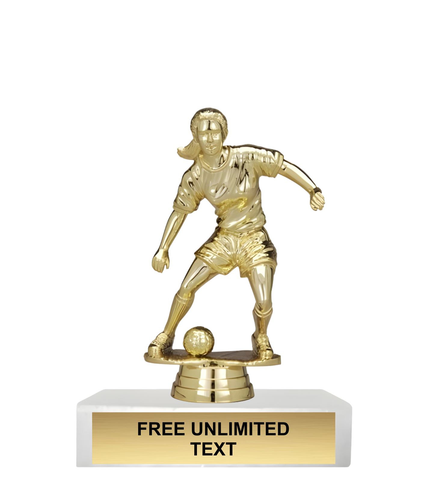 Gold soccer trophy with a female player figure on a white base