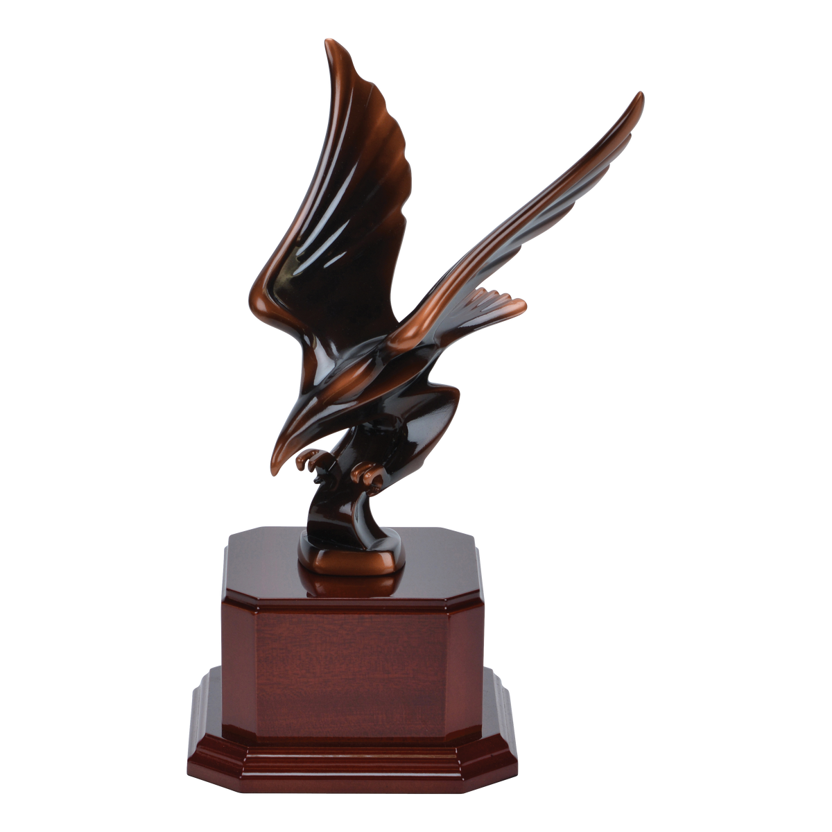 The striking eagle award mounted on an optional cherry-finish wood base
