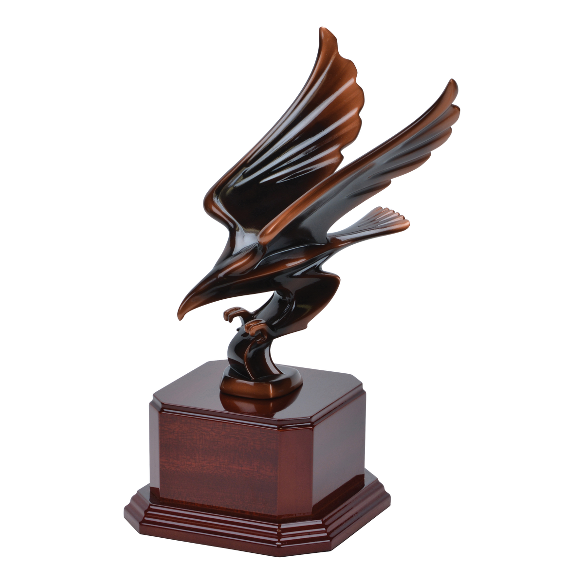 Angled view of the striking eagle award on a cherry-finish wood base