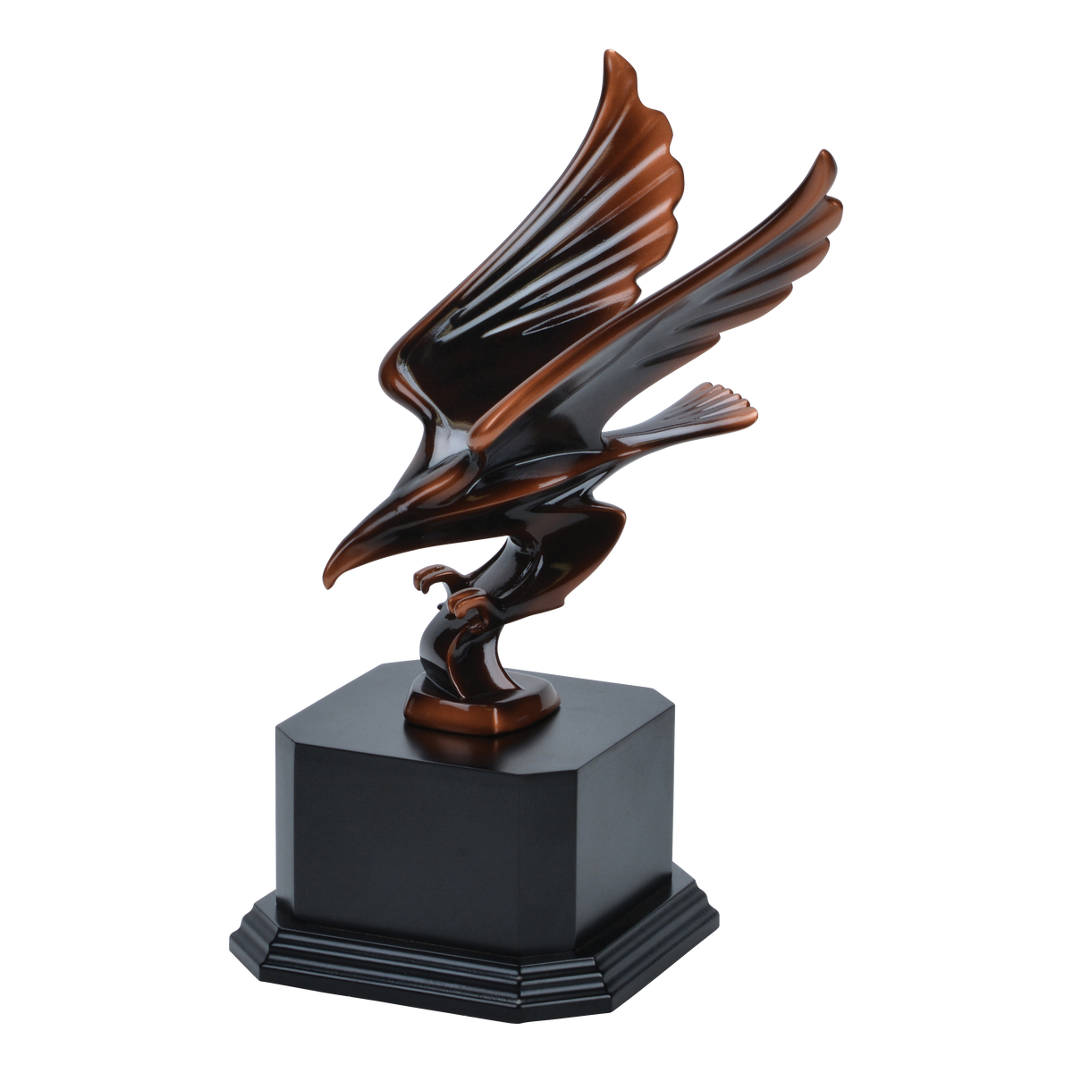 Angled view of the striking eagle award on a black-finish wood base