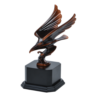 Angled view of the striking eagle award on a black-finish wood base