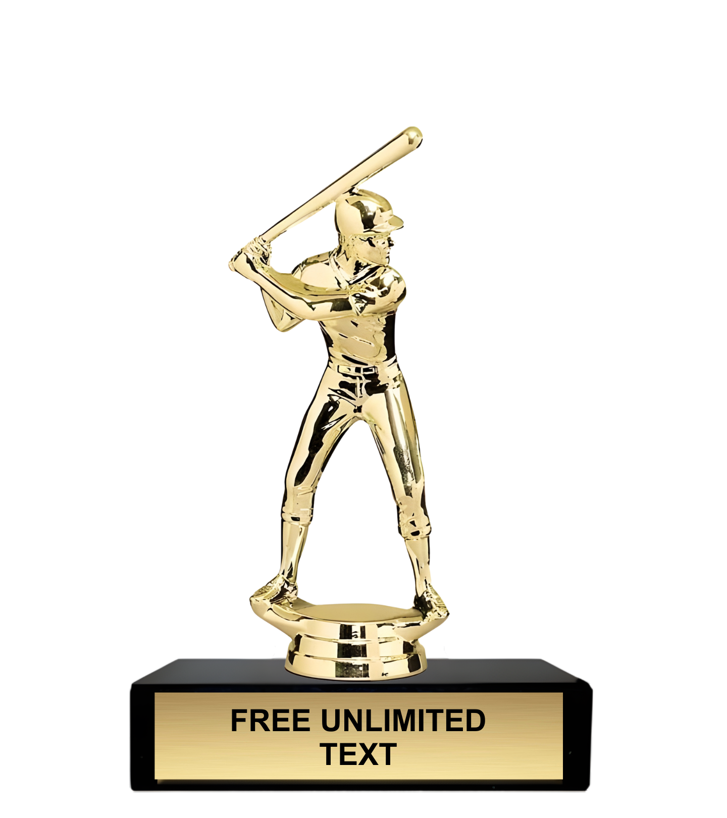 Gold baseball trophy with a male player holding a bat on a black base, featuring text 'FREE UNLIMITED TEXT'.