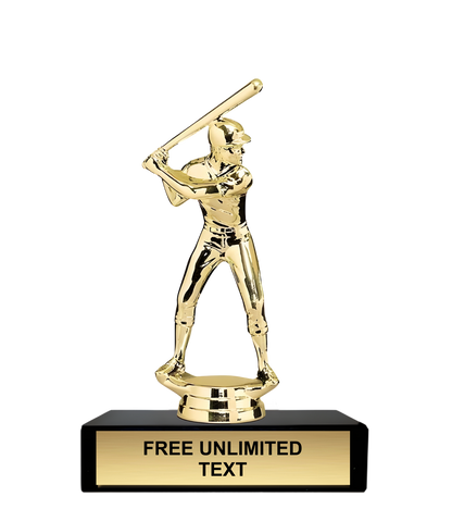 Gold baseball trophy with a male player holding a bat on a black base, featuring text 'FREE UNLIMITED TEXT'.