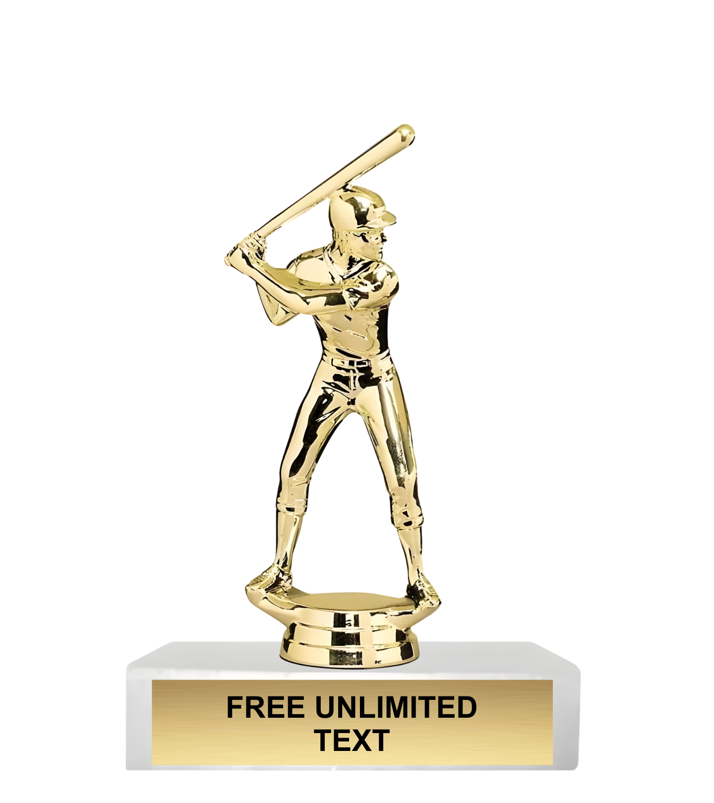 Gold baseball trophy with a male player holding a bat on a white base