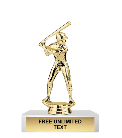Gold baseball trophy with a male player holding a bat on a white base