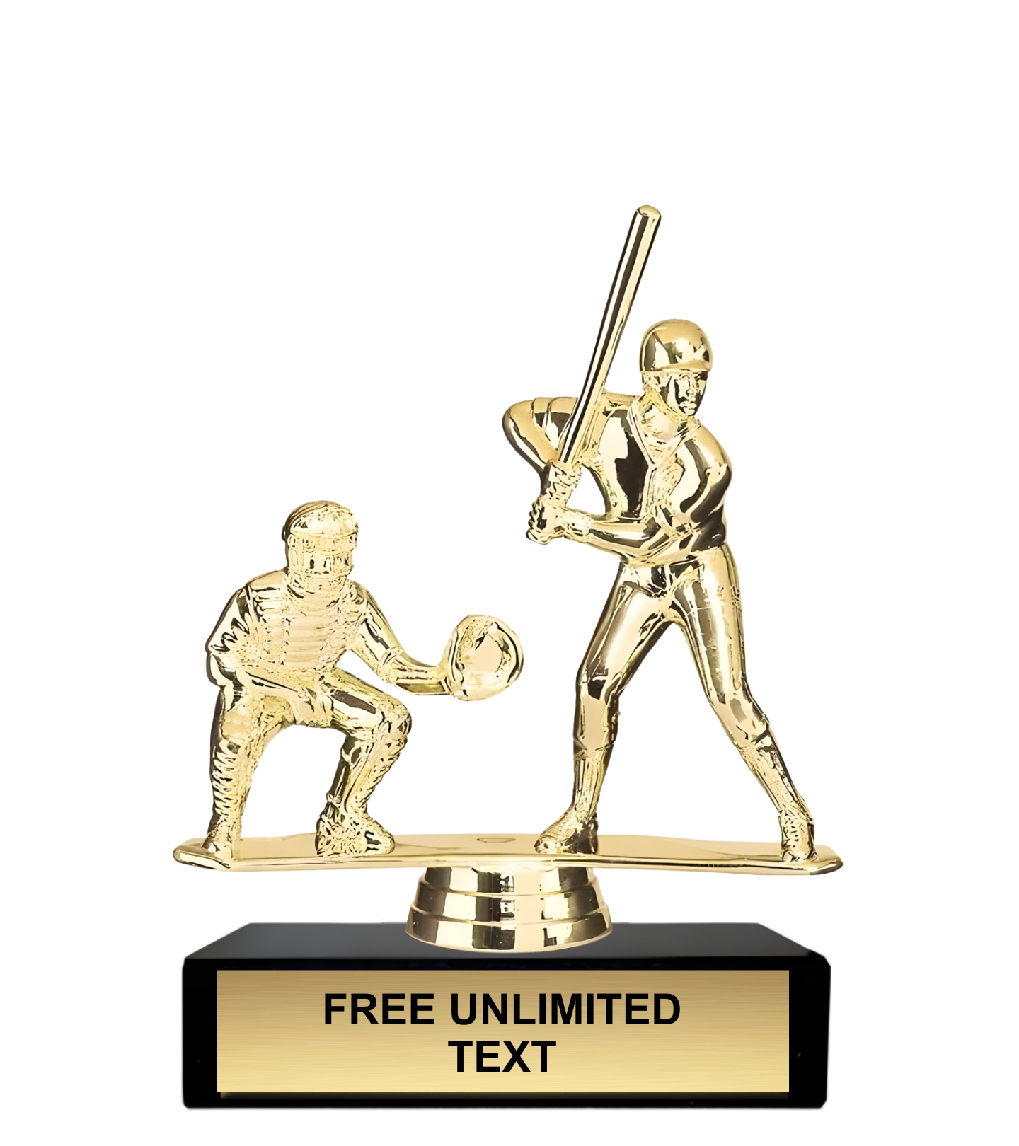 Gold baseball trophy with a batter and catcher on a black base, featuring customizable text.