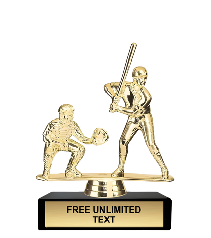 Gold baseball trophy with a batter and catcher on a black base, featuring customizable text.