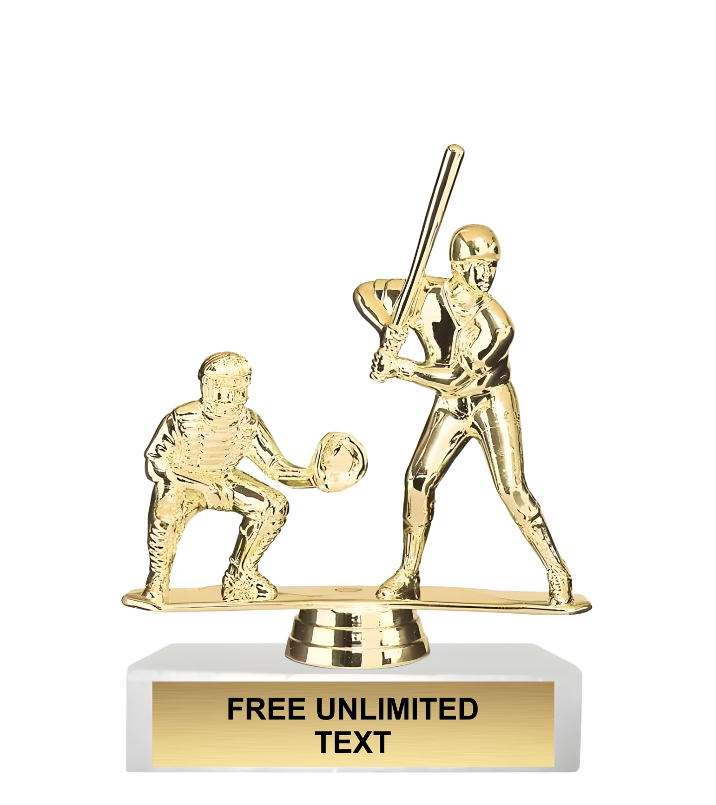 Gold baseball trophy with a batter and catcher on a white marble base