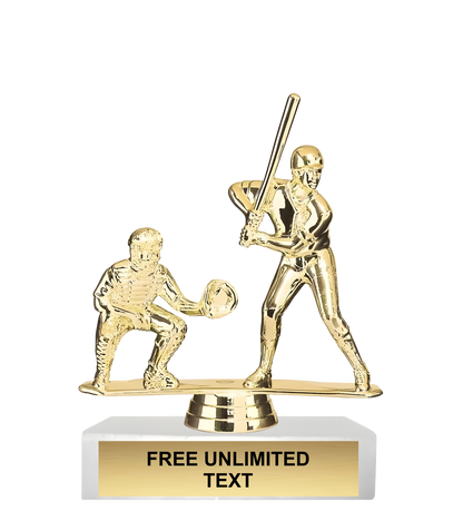 Gold baseball trophy with a batter and catcher on a white marble base