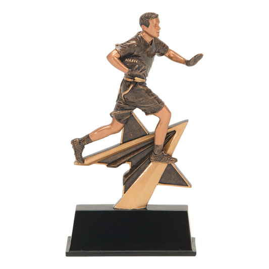 Star Power flag football trophy with a bronze player reaching for a flag on a gold shooting star over a black base