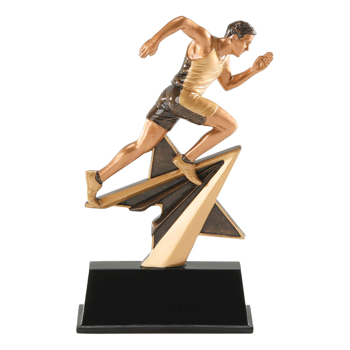 Star Power track trophy with a bronze male sprinter on a gold shooting star over a black base