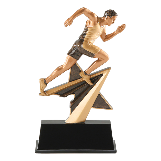 Star Power track trophy with a bronze male sprinter on a gold shooting star over a black base