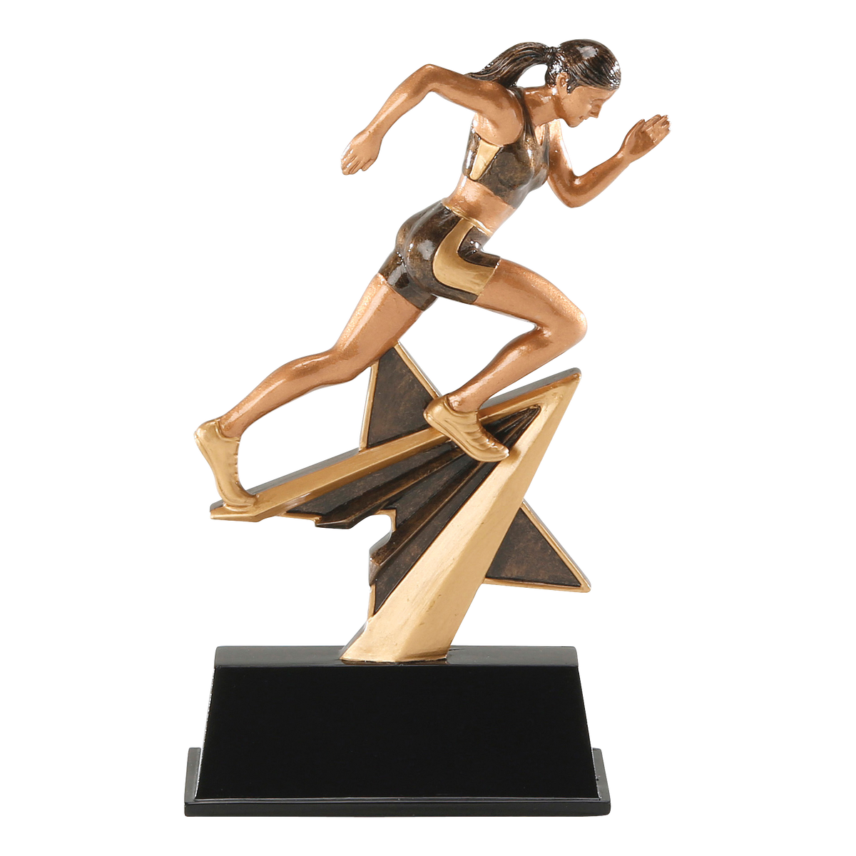 Star Power track trophy with a bronze female sprinter on a gold shooting star over a black base