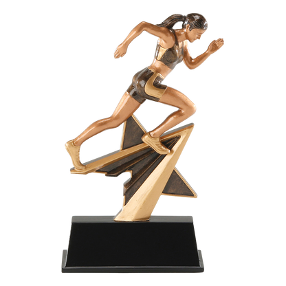 Star Power track trophy with a bronze female sprinter on a gold shooting star over a black base