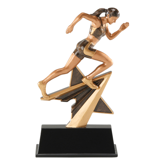 Star Power track trophy with a bronze female sprinter on a gold shooting star over a black base