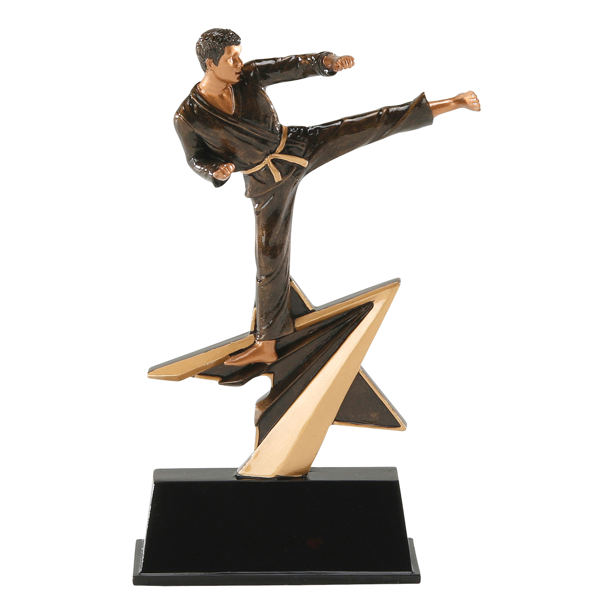 Star Power karate trophy with an athlete in a black gi kicking off a gold shooting star over a black base