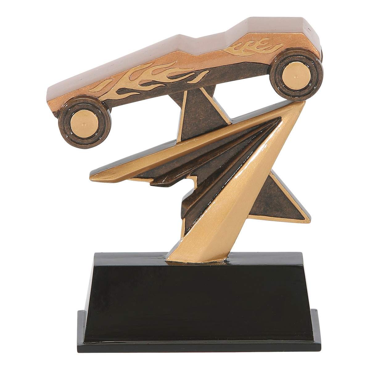 Star Power pinewood derby trophy with a flame-painted car on a gold shooting star over a black base
