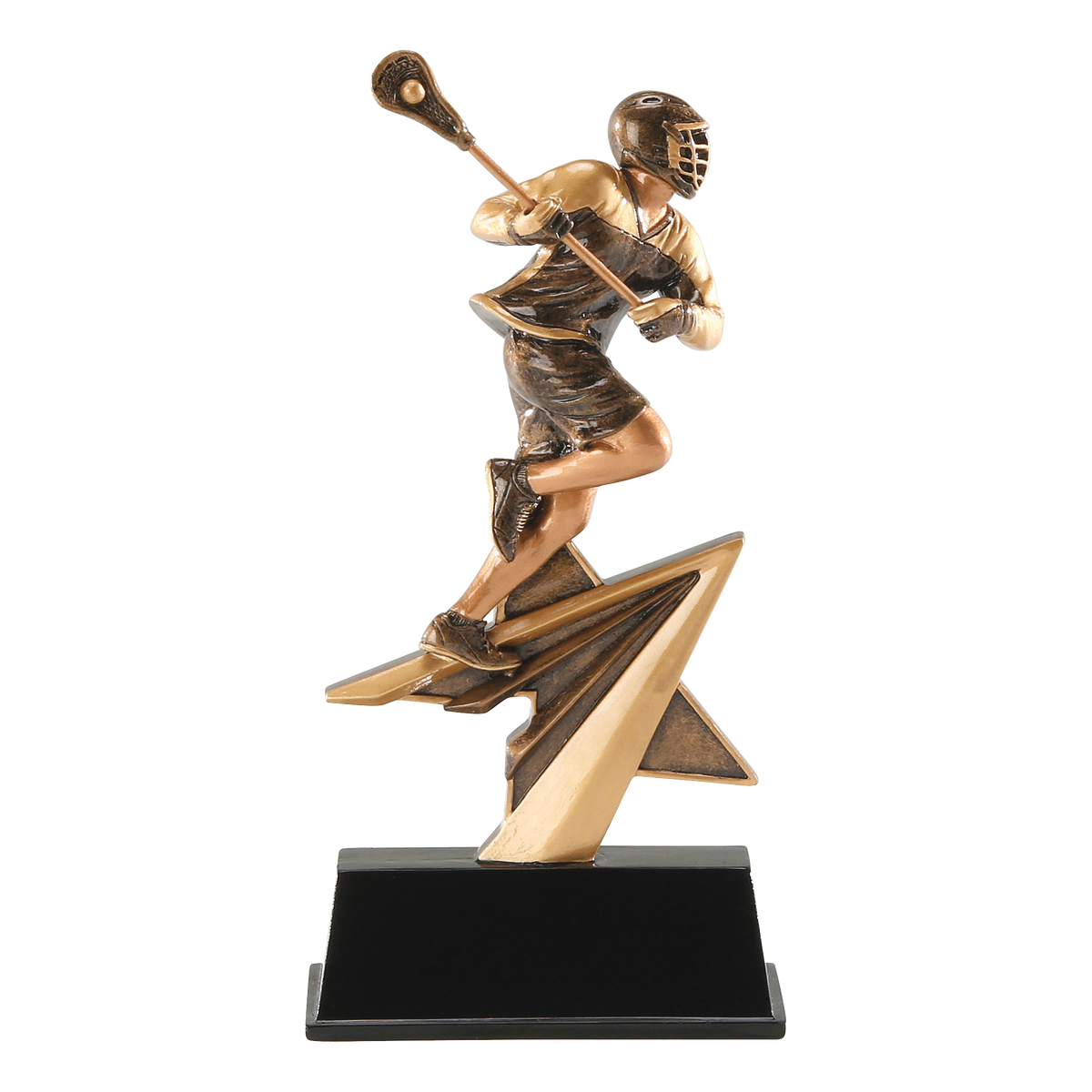 Star Power lacrosse trophy with a bronze player on a gold shooting star over a black base