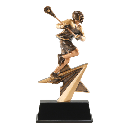 Star Power lacrosse trophy with a bronze player on a gold shooting star over a black base