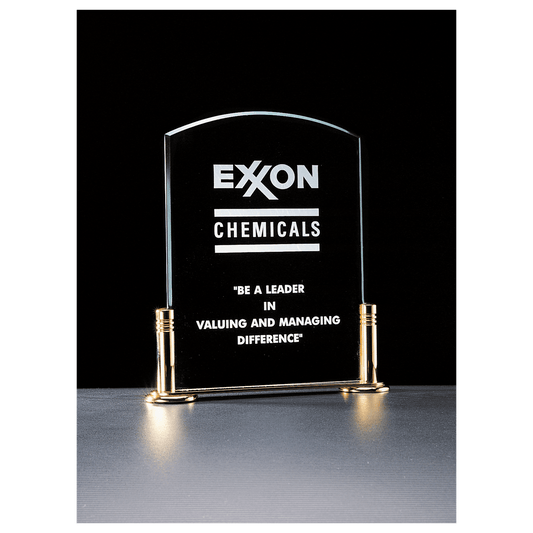 Jade arch top acrylic award with gold metal base, 6 x 7 inches, engraved