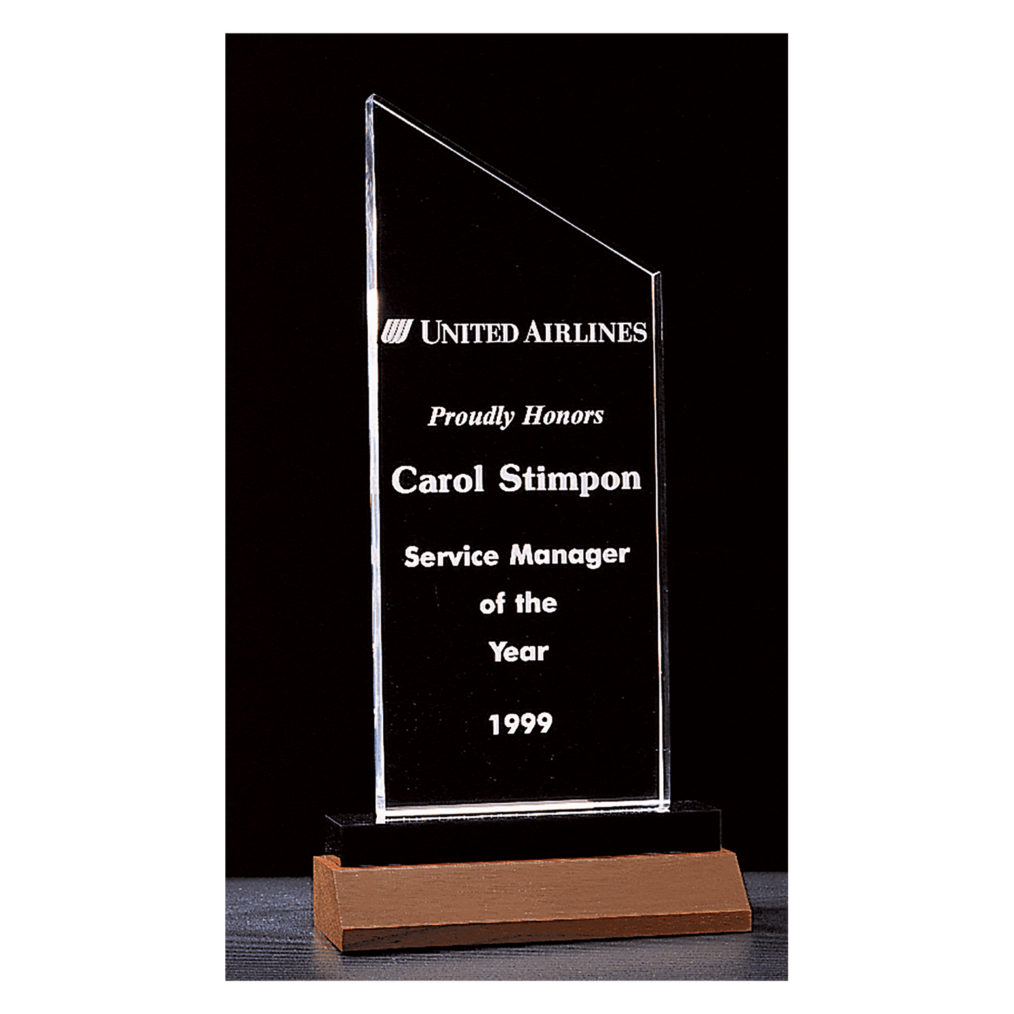 Zenith Series clear acrylic award on solid walnut base, 4¼ x 7¼ inches, engraved