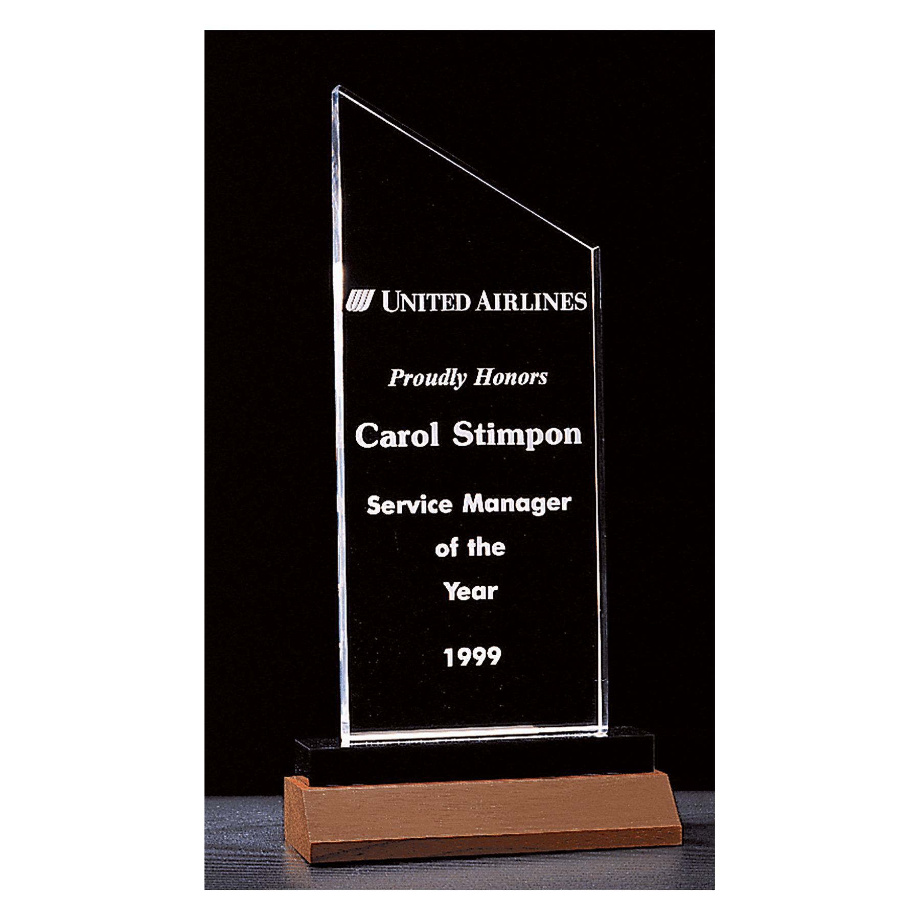 Zenith Series clear acrylic award on solid walnut base, 4¼ x 7¼ inches, engraved