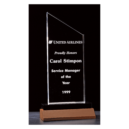 Zenith Series clear acrylic award on solid walnut base, 4¼ x 7¼ inches, engraved