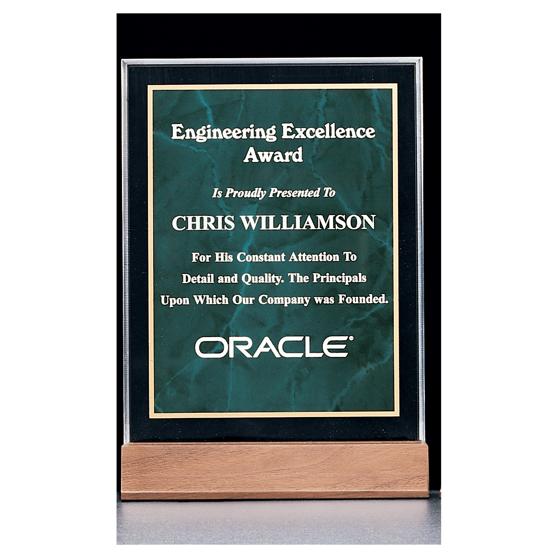 Emerald marble acrylic award on solid walnut base, 5 x 7⅝ inches, engraved