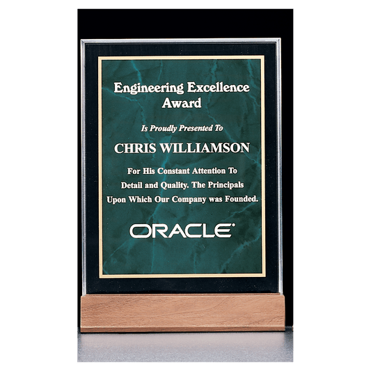 Emerald marble acrylic award on solid walnut base, 5 x 7⅝ inches, engraved