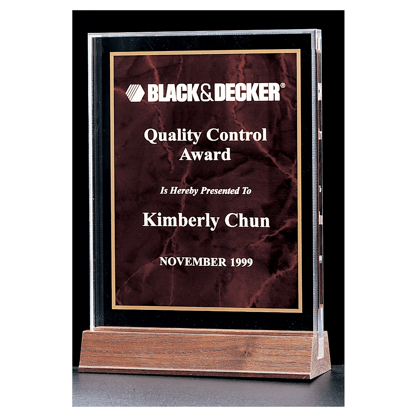 Ruby marble acrylic award on solid walnut base, 5 x 7⅝ inches, engraved