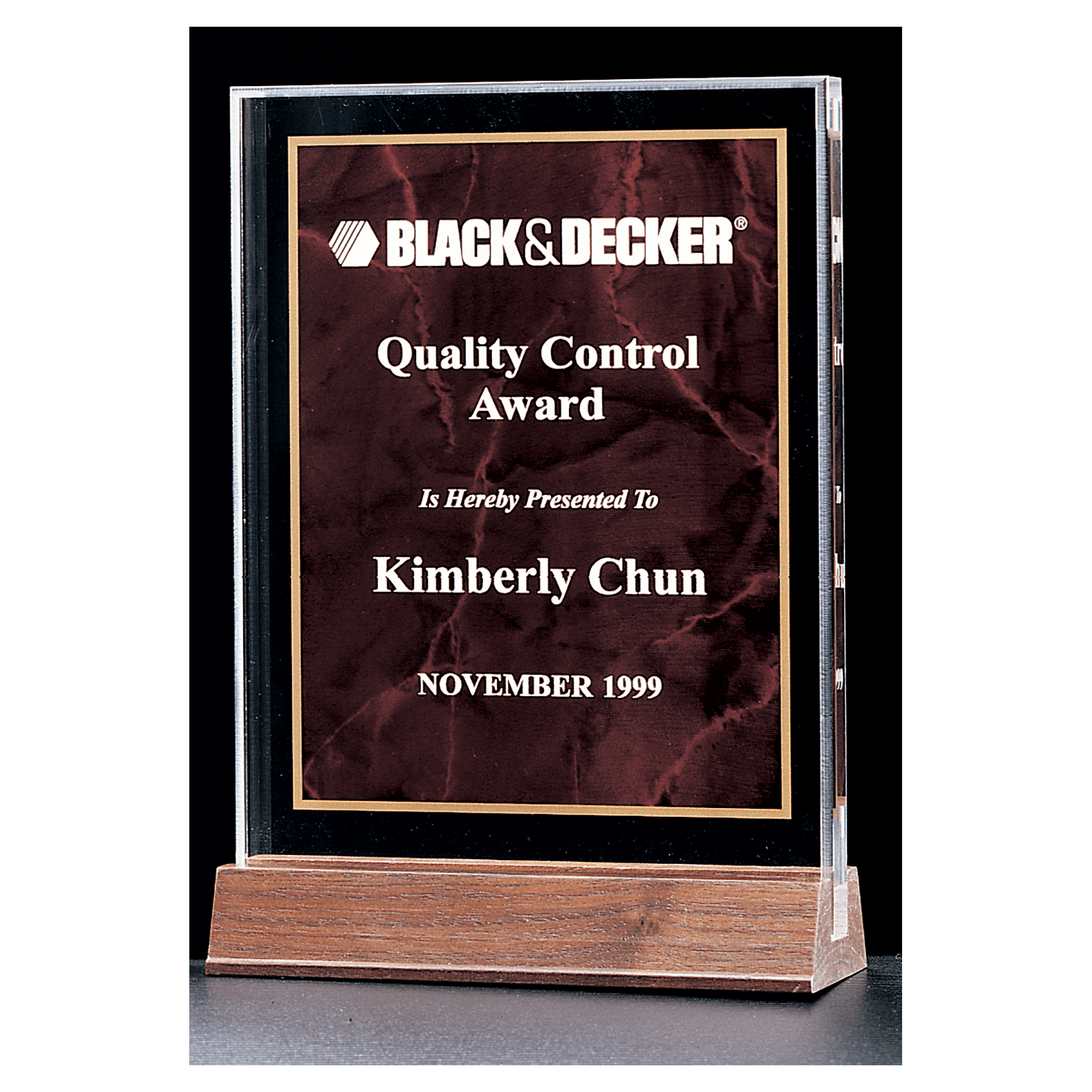 Ruby marble acrylic award on solid walnut base, 5 x 7⅝ inches, engraved