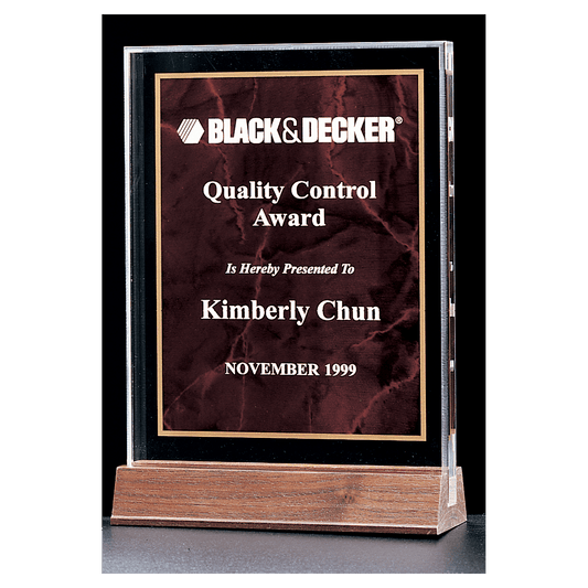 Ruby marble acrylic award on solid walnut base, 5 x 7⅝ inches, engraved