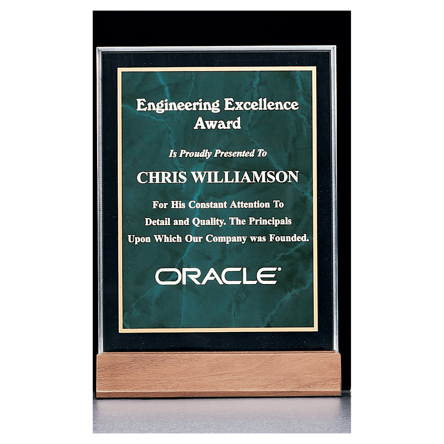Emerald marble acrylic award on solid walnut base, 6 x 8⅝ inches, engraved
