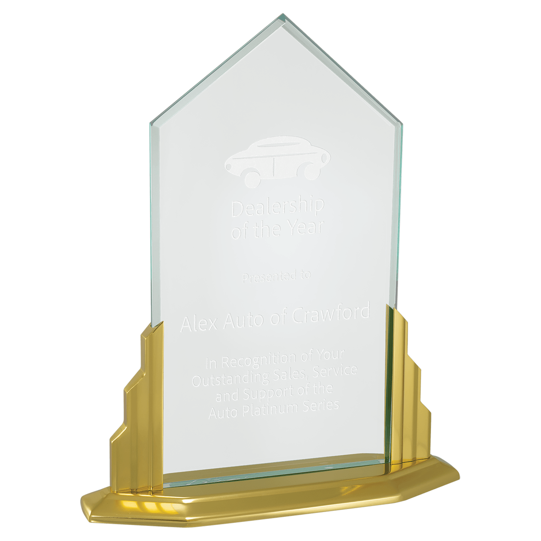 Jade acrylic peak award on gold aluminum base, 9½ x 11½ inches, engraved