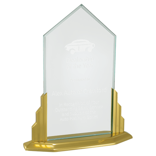 Jade acrylic peak award on gold aluminum base, 9½ x 11½ inches, engraved