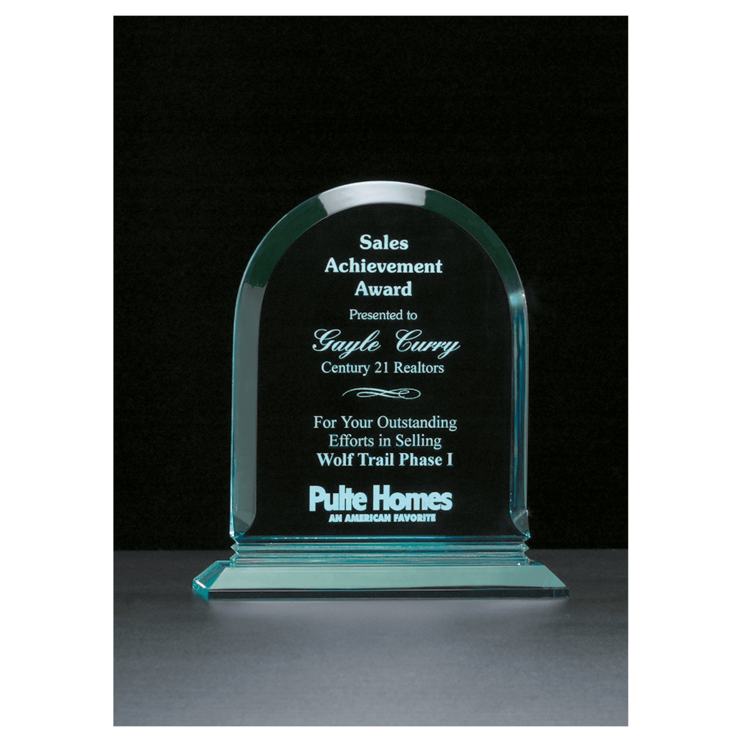 Jade Arch Series acrylic award, 8½ x 9¾ inches, custom engraved