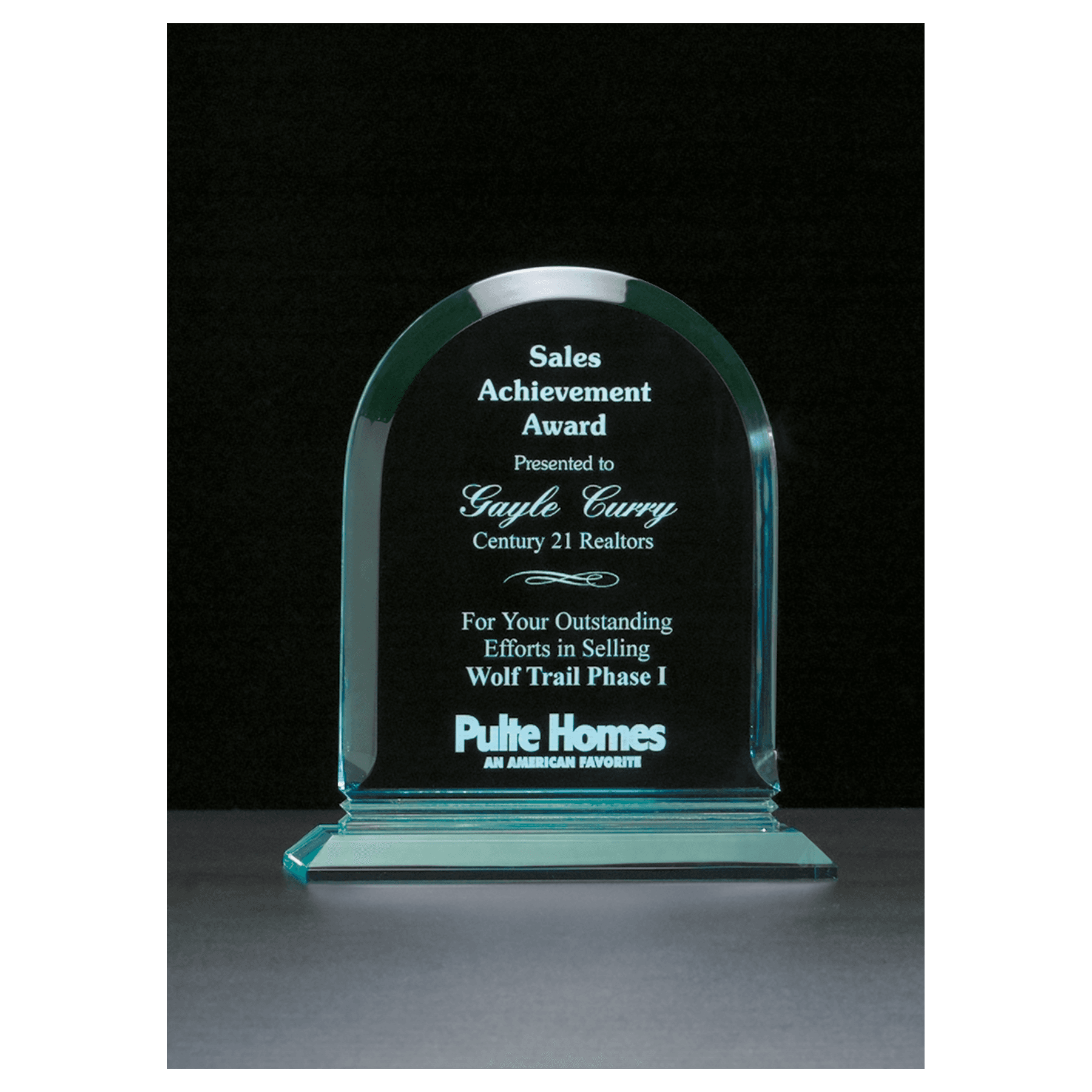 Jade Arch Series acrylic award, 8½ x 9¾ inches, custom engraved