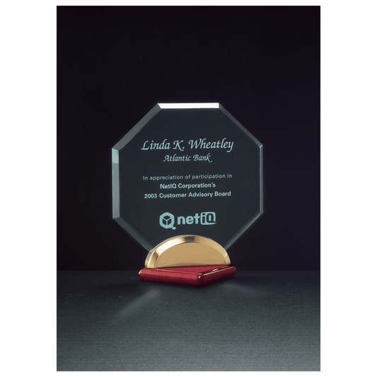 Octagon Series Jade Acrylic Award with Rosewood Piano Finish Base and Gold Metal Accent, 6" x 6 1/2"